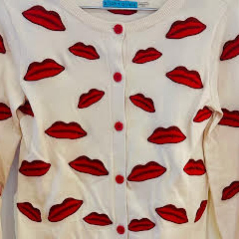ALICE + OLIVIA POUT EMBROIDERED LIPS SWEATER CARDIGAN SIZE XS
